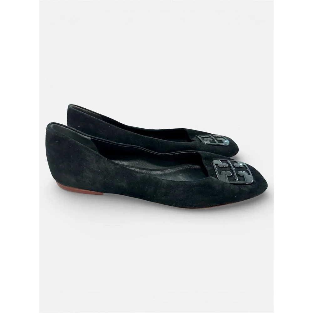 Tory Burch Suede Square Toe Flats Women 9M Black Good Patent Logo‎ Ballet Shoes